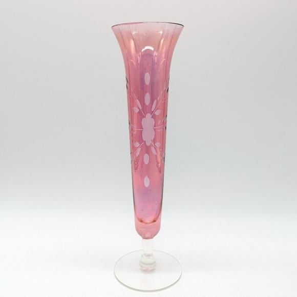 Vintage Cranberry Pink Floral Etched Glass Bud Vase - Picture 1 of 8